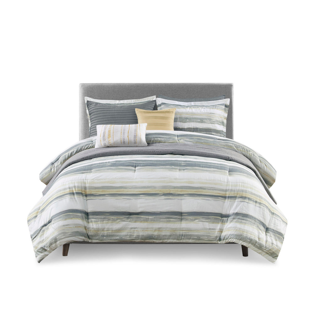 8 Piece Printed Seersucker Comforter and Quilt Set Collection Yellow Full/Queen Media 19