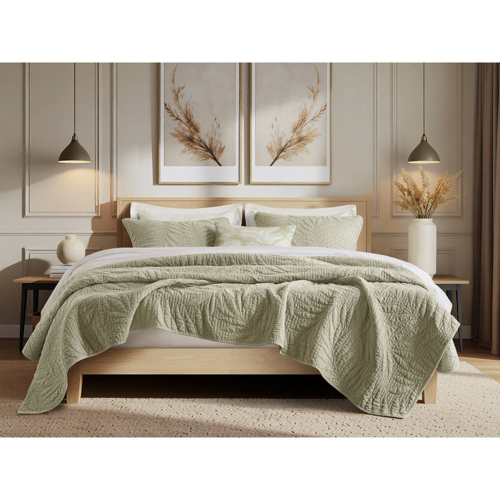 King 3 Piece Cotton Quilt Set Sage Media 7