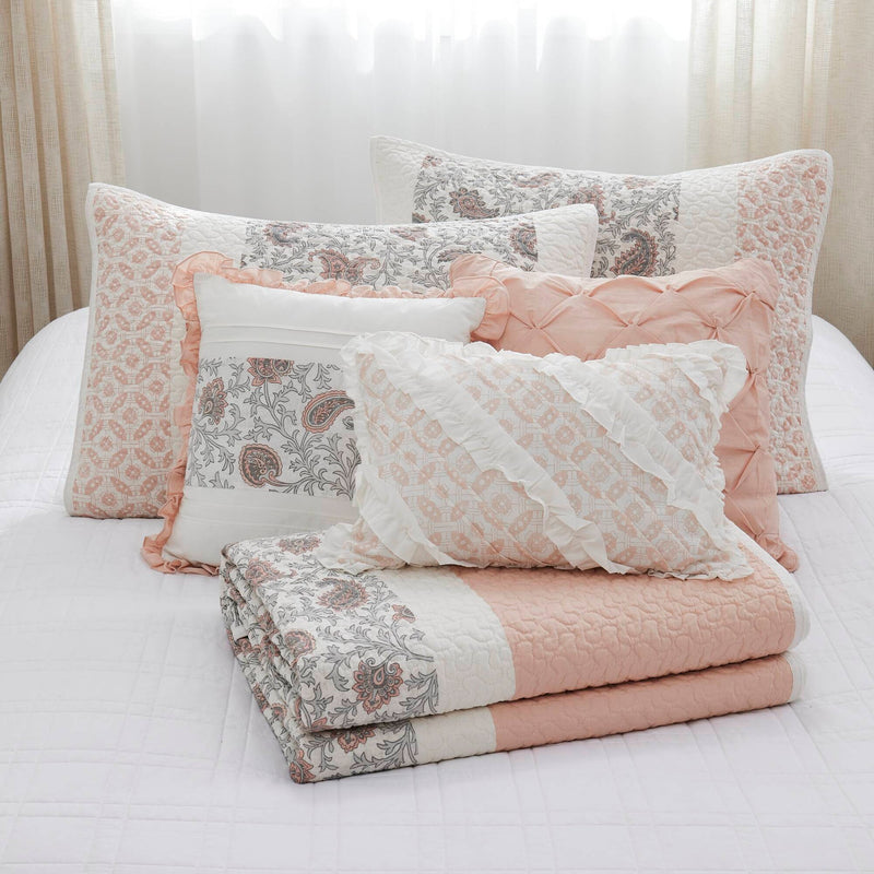 6 Piece Cotton Percale Quilt Set with Throw Pillows Blush King/Cal King