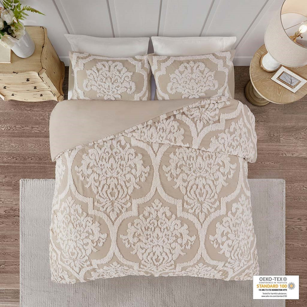 Full/Queen 3 piece Tufted Cotton Chenille Damask Duvet Cover Set Media 5