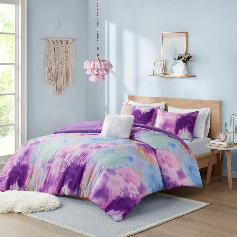 Twin/Twin XL Watercolor Tie Dye Printed Comforter Set with Throw Pillow Media 1
