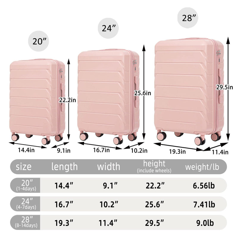 ABS Spinner Luggage 3 Piece Set Pink Matching Color & Combination Lock For Travel Use