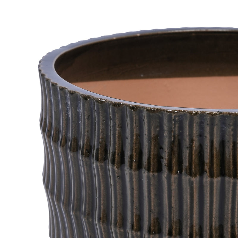 Handmade Matte Metallic Charcoal Gradient Glaze Ceramic Planter Set of 4, 7/9/12/14 Inch, Horizontal Grooves, Indoor & Outdoor Herb Succulent Pots, Breathable Clay with Drainage Holes