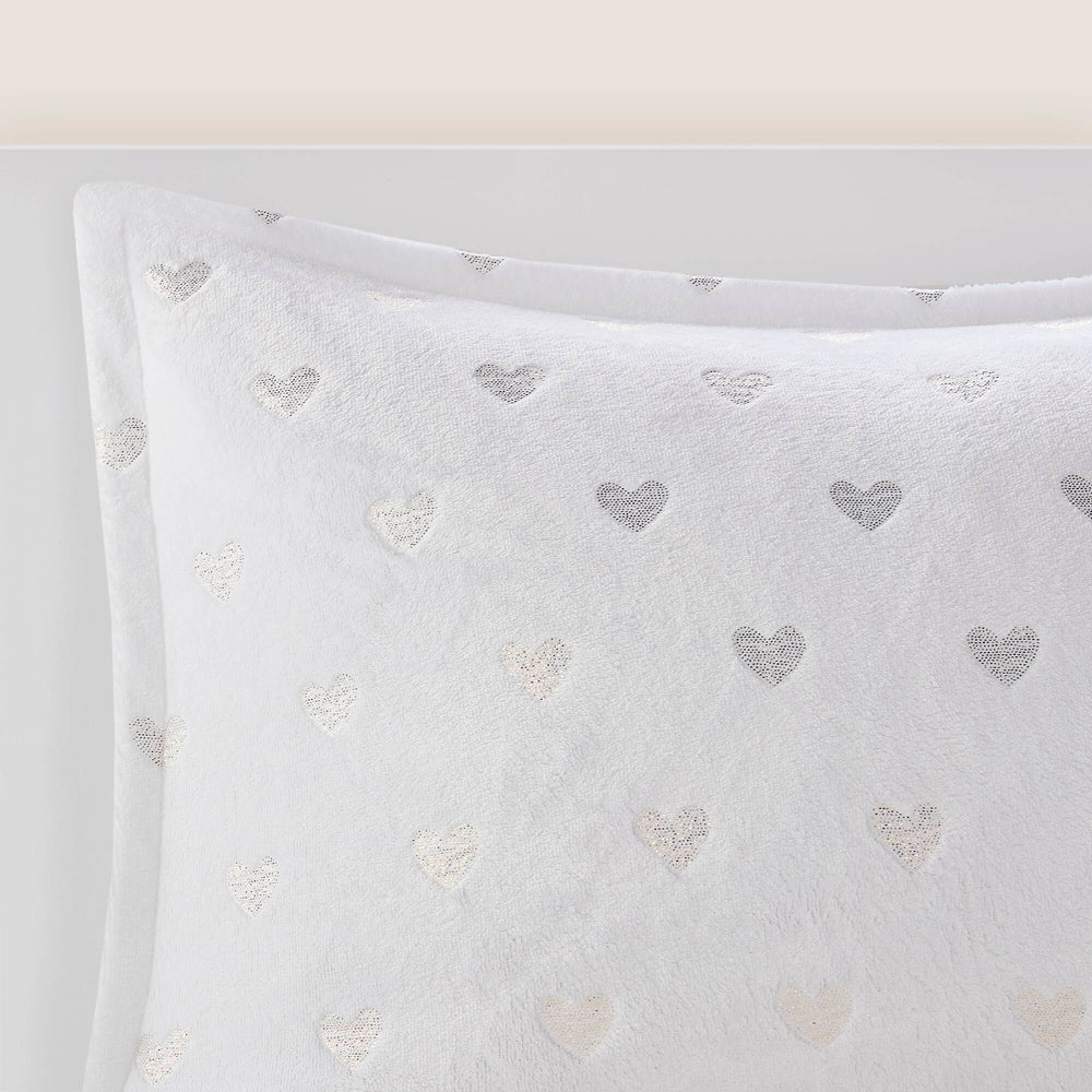 4 PCS Full/Queen Metallic Printed Plush Comforter Set with Throw Pillow White/Gold Media 9