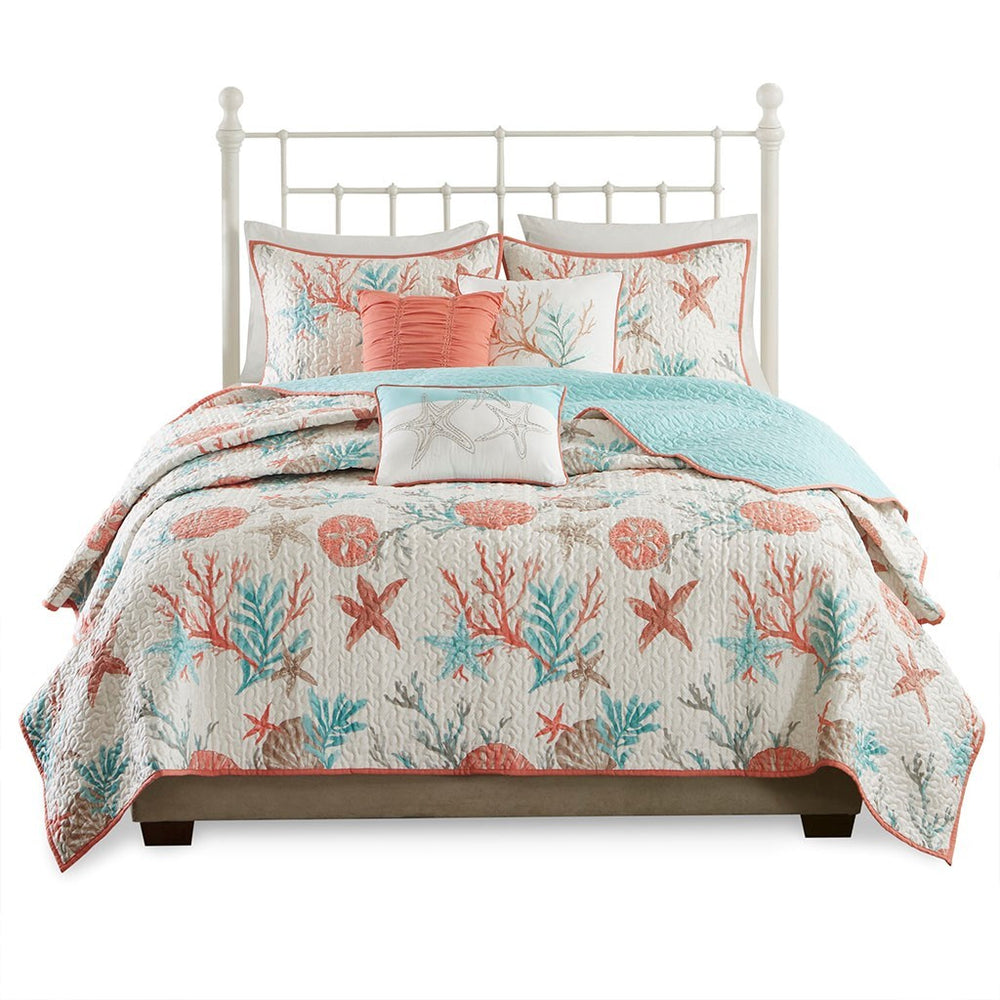 6 Piece Cotton Sateen Quilt Set with Throw Pillows Coral King/Cal King Media 3
