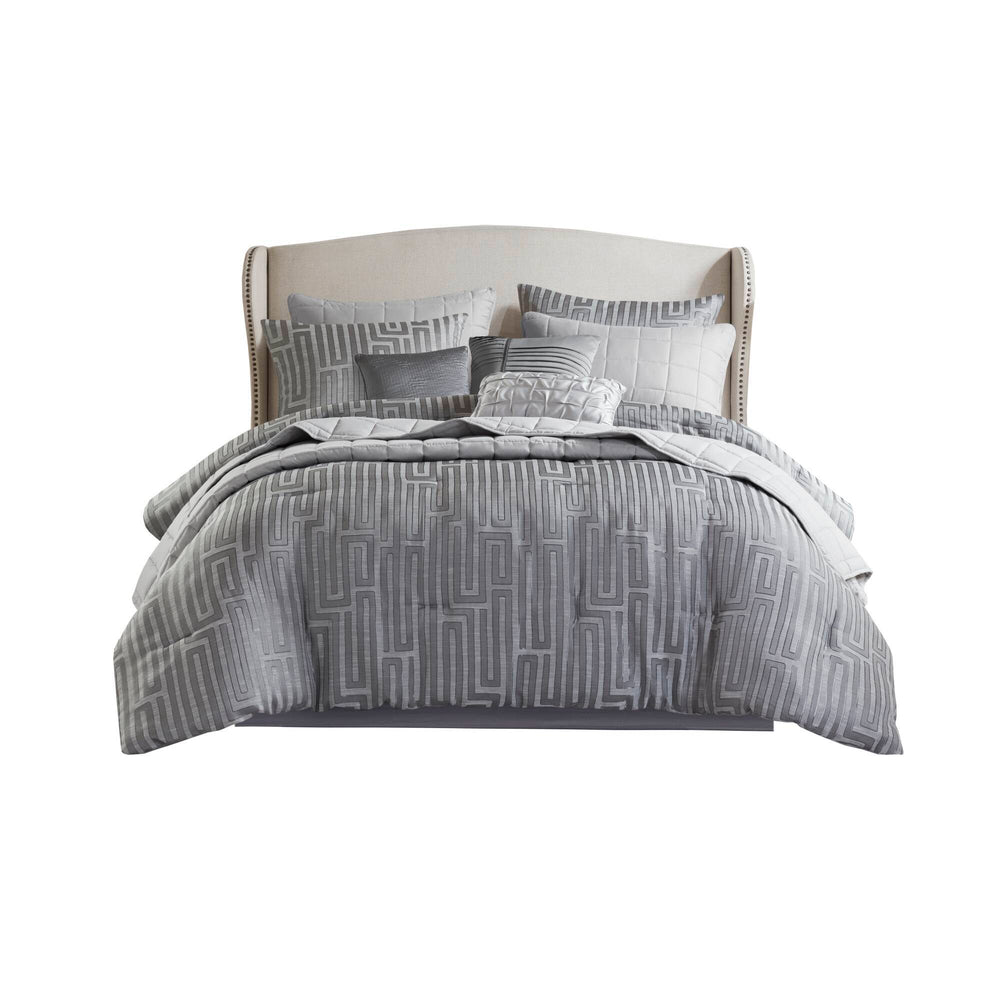 10 PCS Queen Luxury Jacquard Comforter Set Grey Media 3