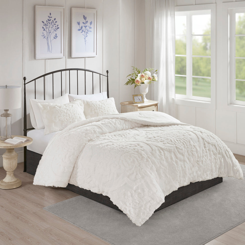 3 Piece Tufted Cotton Chenille Damask Comforter Set Off-White Full/Queen Media 1