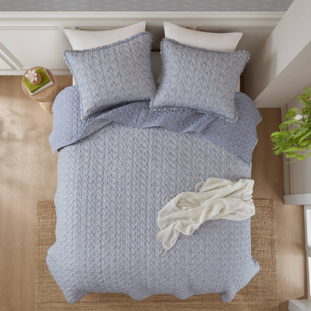 3-Piece Queen 3 Piece Ruffle Printed Quilt Set,Blue Media 17