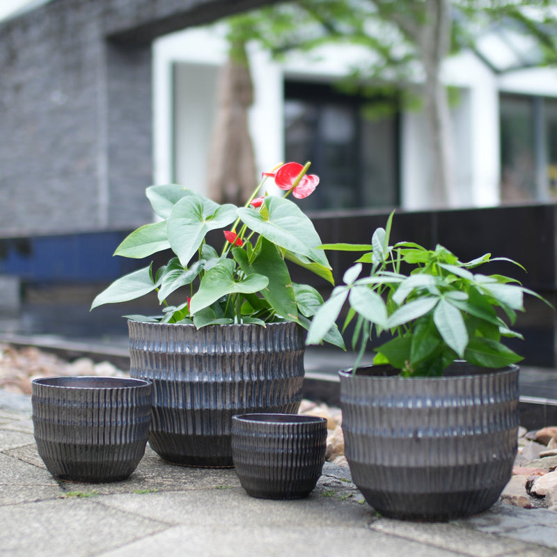 Handmade Matte Metallic Charcoal Gradient Glaze Ceramic Planter Set of 4, 7/9/12/14 Inch, Horizontal Grooves, Indoor & Outdoor Herb Succulent Pots, Breathable Clay with Drainage Holes