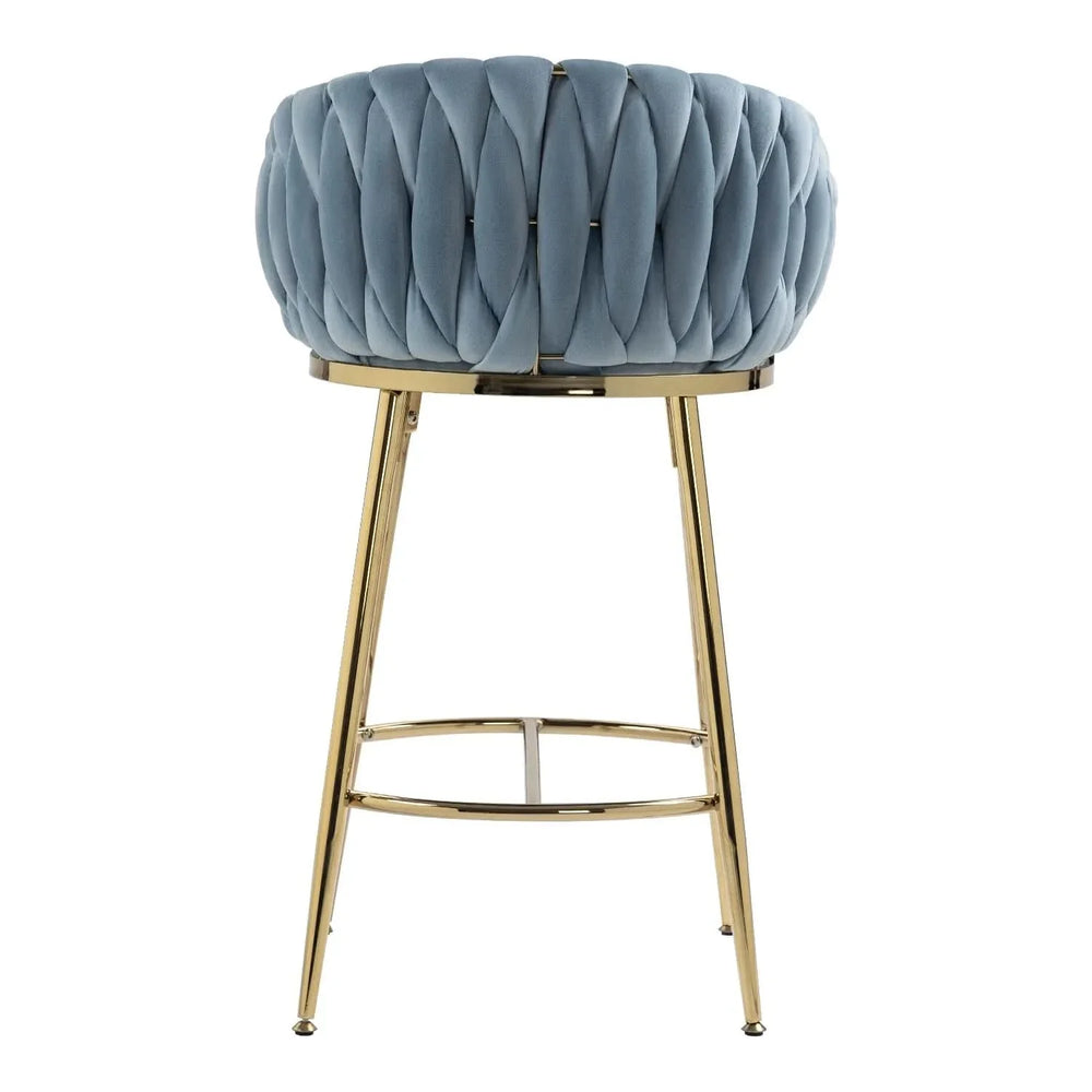 Counter Height Bar Stools Velvet Blue Upholstery Wave Back & Gold Base Set of 2 Media 6