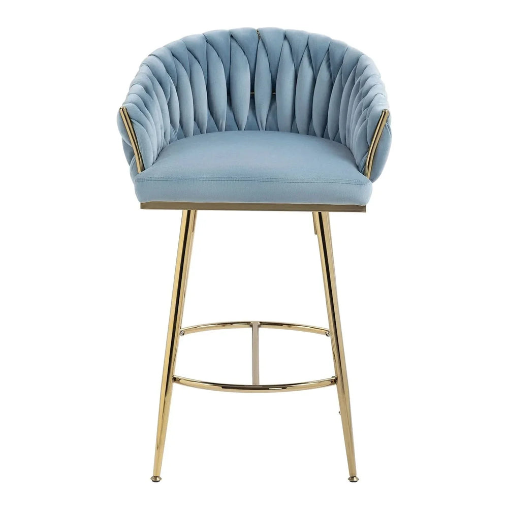 Counter Height Bar Stools Velvet Blue Upholstery Wave Back & Gold Base Set of 2 Media 2
