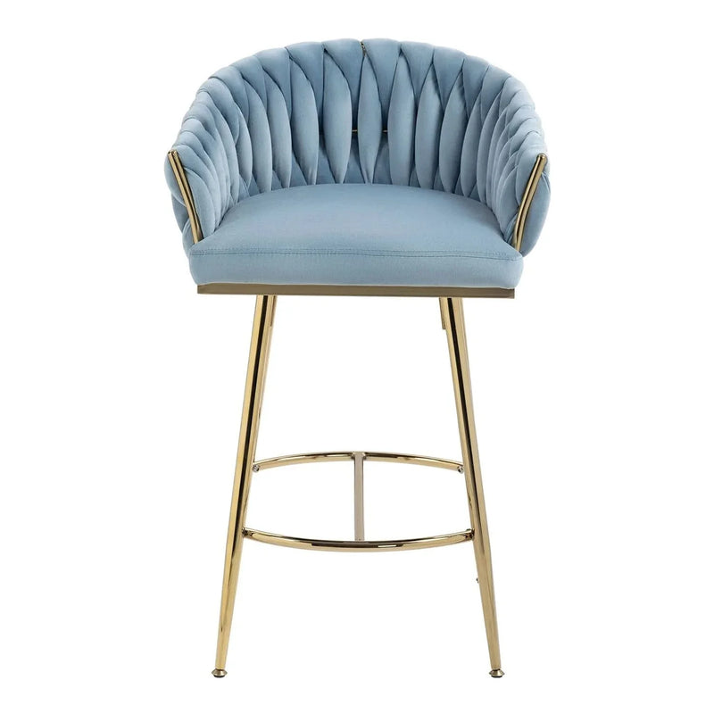 Counter Height Bar Stools Velvet Blue Upholstery Wave Back & Gold Base Set of 2