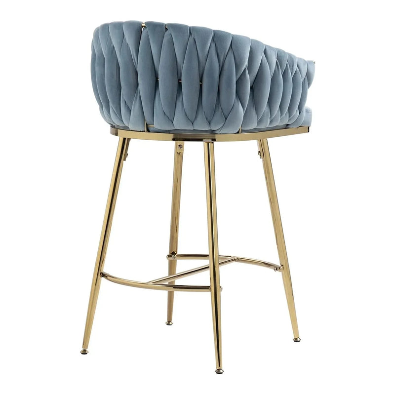 Counter Height Bar Stools Velvet Blue Upholstery Wave Back & Gold Base Set of 2