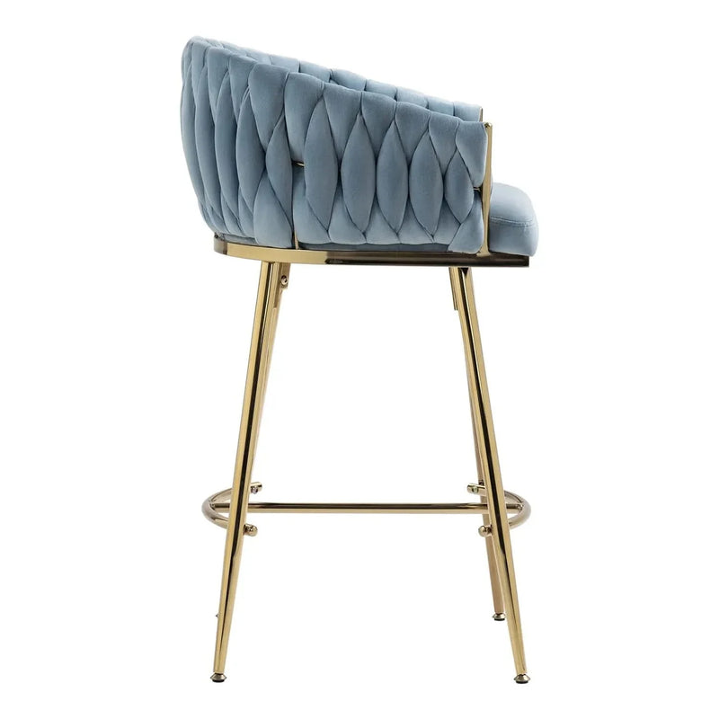 Counter Height Bar Stools Velvet Blue Upholstery Wave Back & Gold Base Set of 2