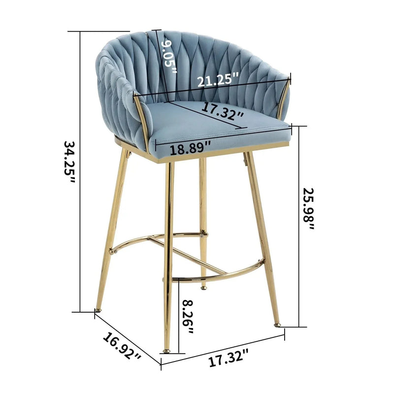 Counter Height Bar Stools Velvet Blue Upholstery Wave Back & Gold Base Set of 2