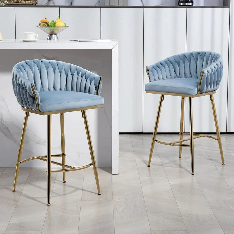Counter Height Bar Stools Velvet Blue Upholstery Wave Back & Gold Base Set of 2
