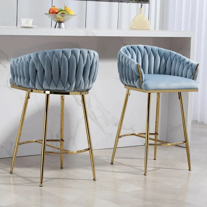 Counter Height Bar Stools Velvet Blue Upholstery Wave Back & Gold Base Set of 2
