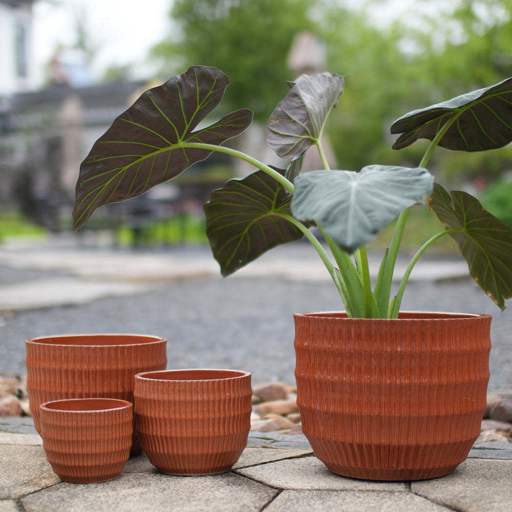Handmade Brick Red Glaze Ceramic Planter Set of 4, 7/9/12/14 Inch, Horizontal Grooves, Indoor & Outdoor Herb Succulent Pots, Breathable Clay with Drainage Holes Media 1