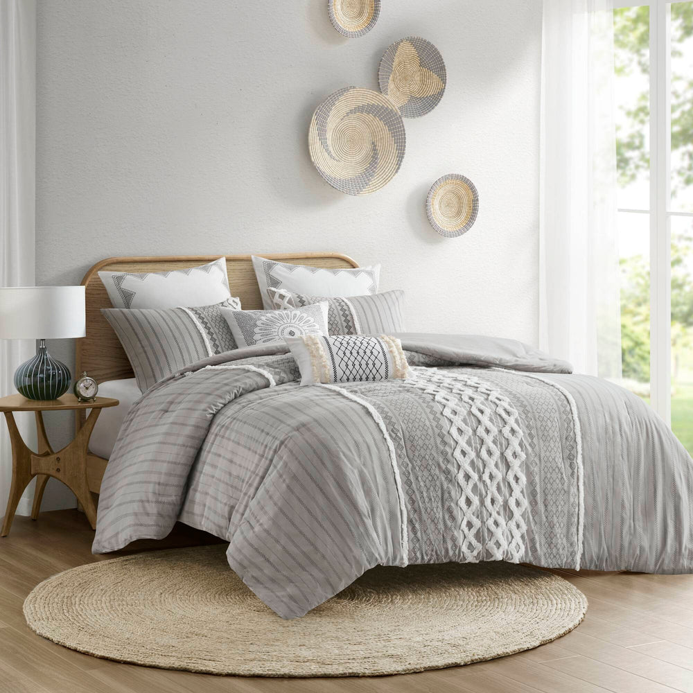 Cotton Printed Comforter Set with Chenille Gray Full/Queen Media 1