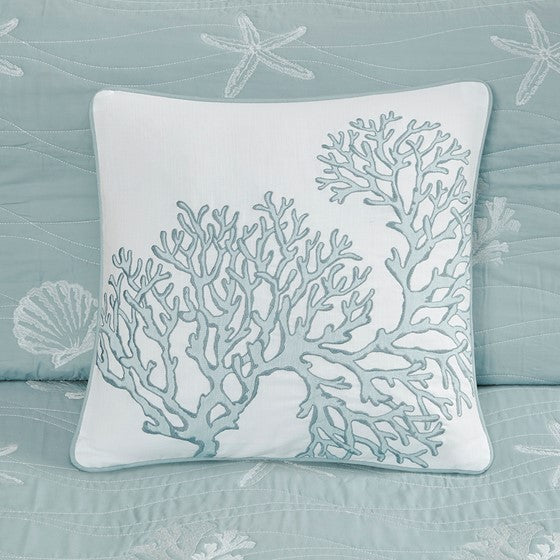4 Piece Cotton Reversible Embroidered Quilt Set with Throw Pillow Aqua King/Cal King Media 8