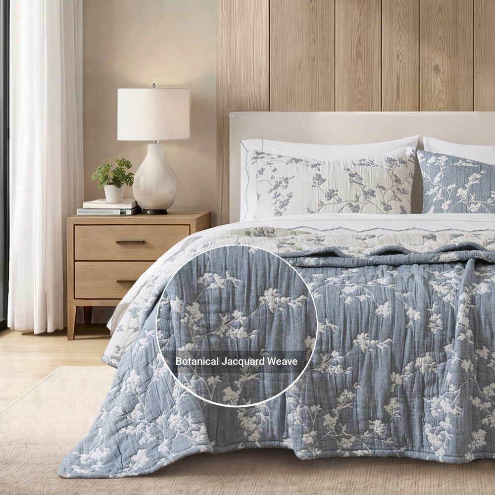 3 Pieces King Jacquard Cotton Gauze Quilt Set,Blue Media 6