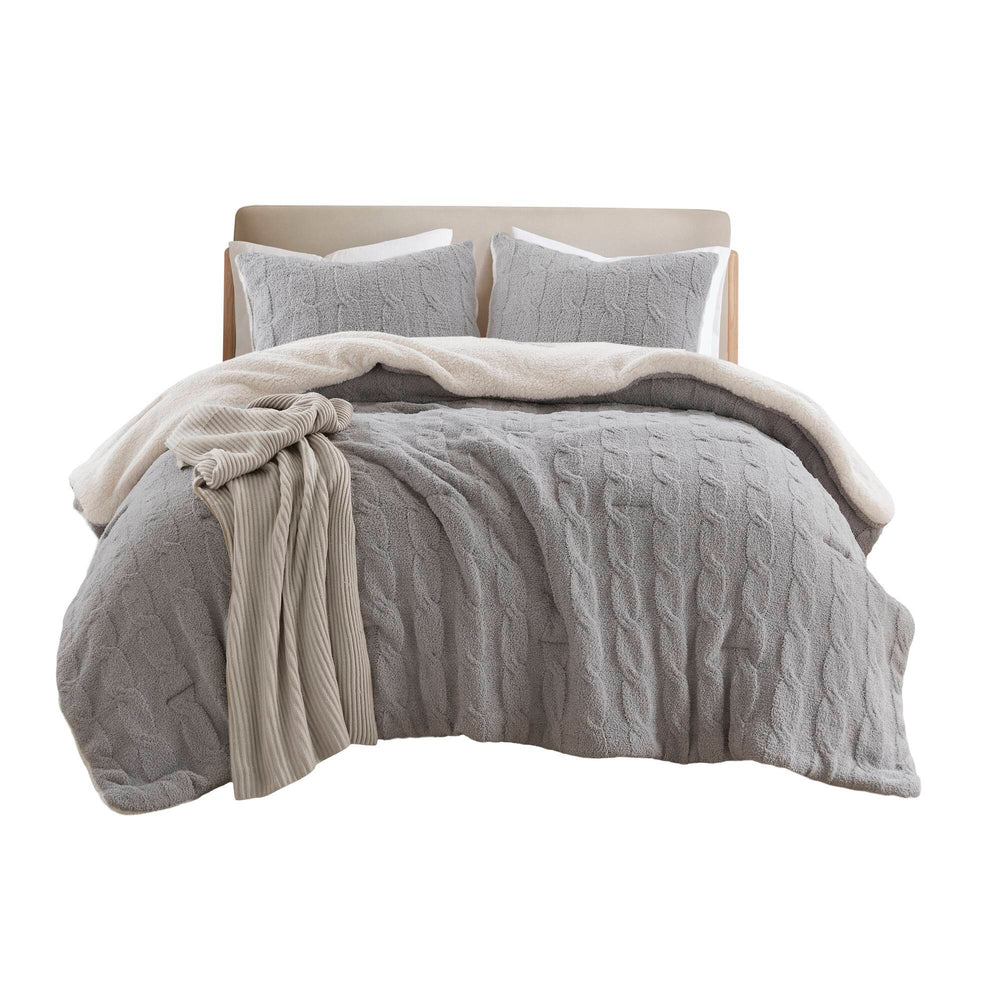 3 Pieces King/Cal King Cable Knit Chenille Comforter Set,Gray Media 7