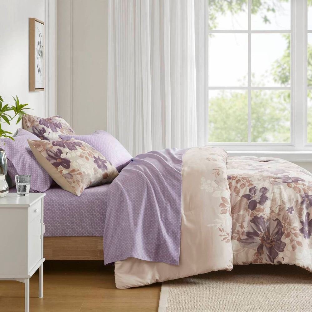 Floral Comforter Set with Bed Sheets Taupe Full Media 5