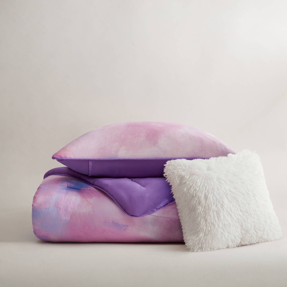 3 Pieces Twin/Twin XL Watercolor Tie Dye Printed Comforter Set with Throw Pillow,Purple Media 14