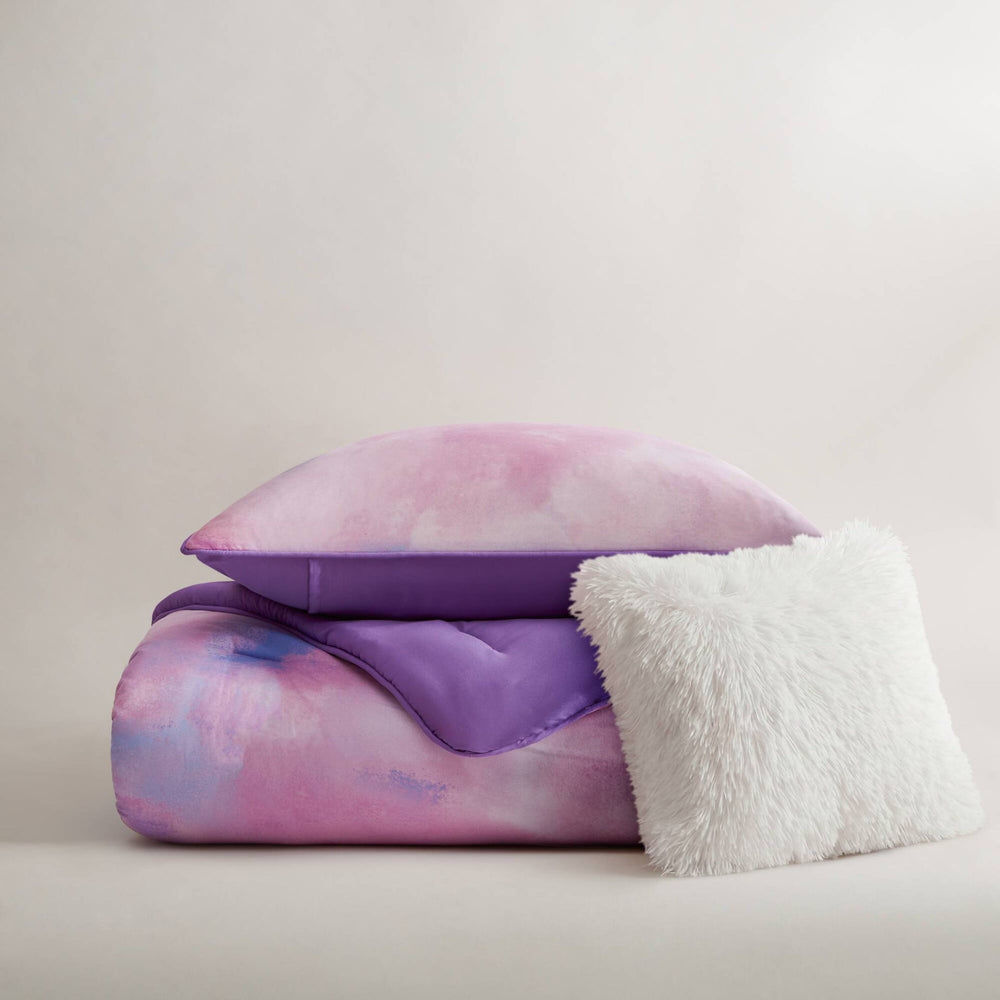 3 Pieces Twin/Twin XL Watercolor Tie Dye Printed Comforter Set with Throw Pillow,Purple Media 14
