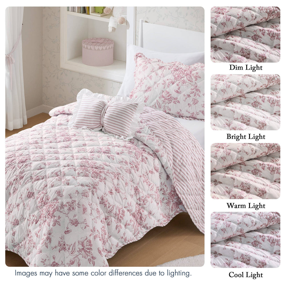 3 Pieces Twin/Twin XL Quilt Set with Decorative Pillow,Pink Media 4
