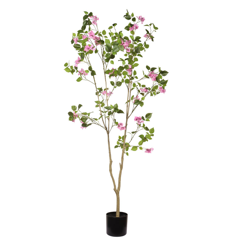 Artificial Bougainvillea Tree with Black Plastic Pot, Realistic Faux Flowering Plant in Green Leaves and Pink Blooms, 72-Inch Indoor Decor for Home Office