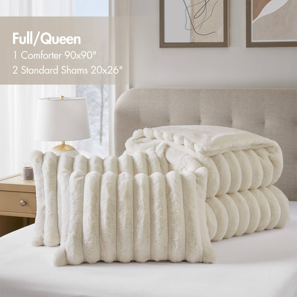 3-Piece Full/Queen  soft Faux Fur Ribbed Comforter Set,Ivory Media 4