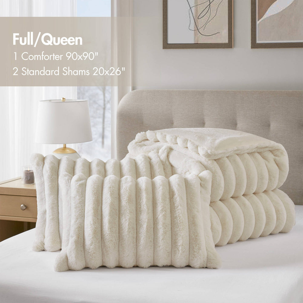 3-Piece Full/Queen  soft Faux Fur Ribbed Comforter Set,Ivory Media 4
