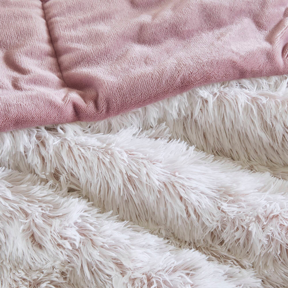 3 PCS Full/Queen Shaggy Faux Fur Comforter Mini Set Pink/White Media 9