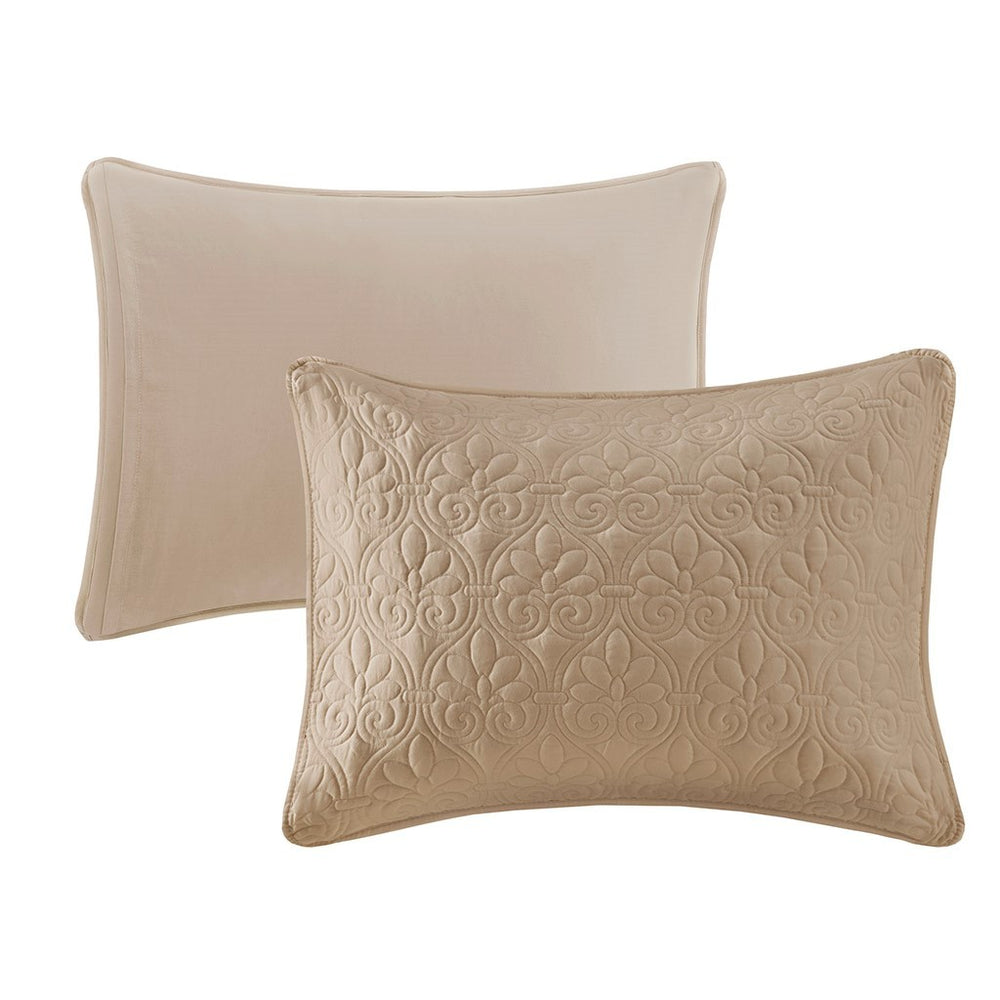 3 Piece Split Corner Pleated Quilted Bedspread Khaki Queen Media 2