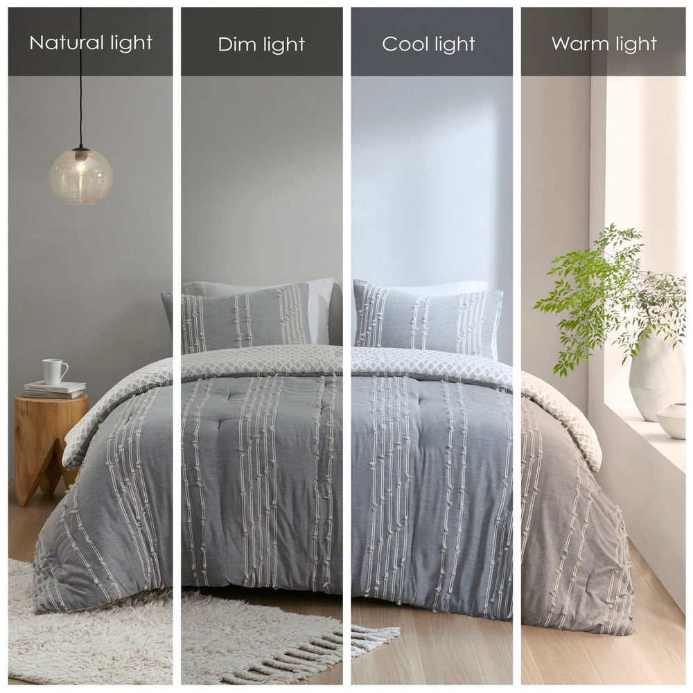 3 Piece Cotton Jacquard Comforter Set Gray Full/Queen Media 7