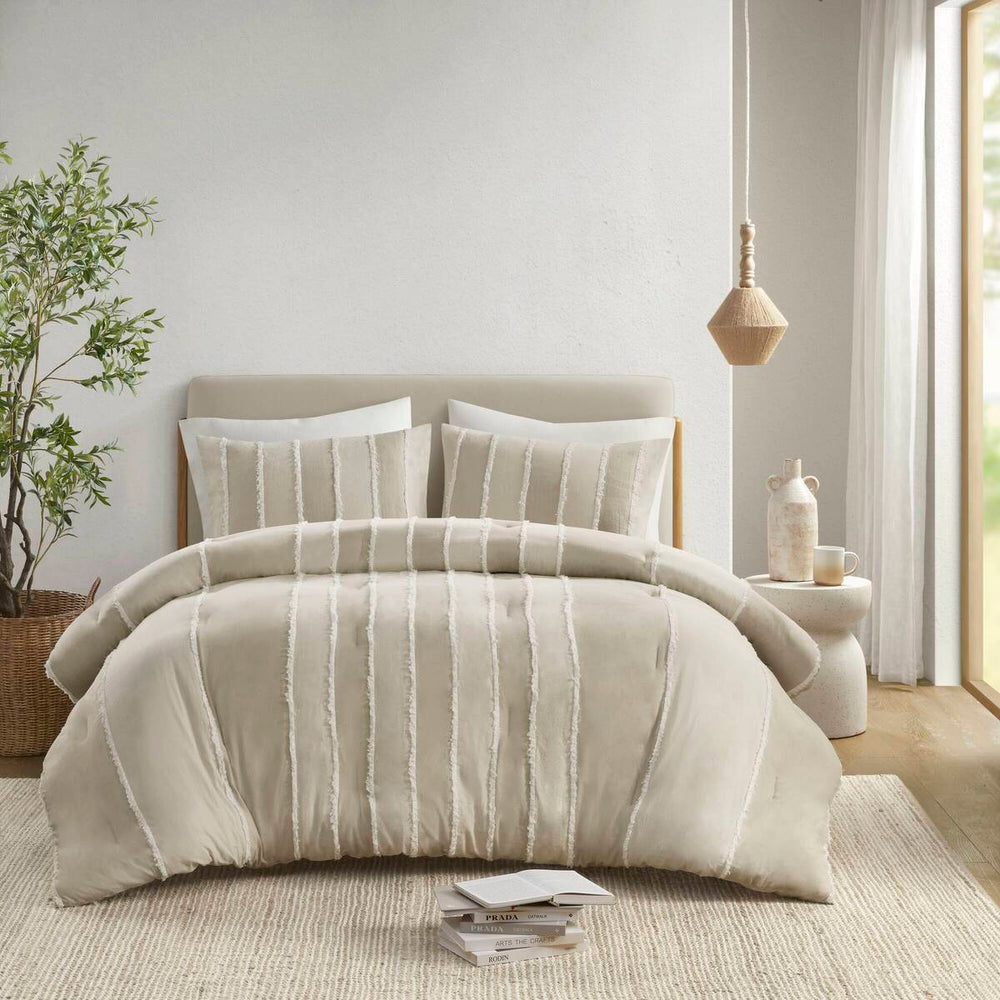 3 Piece Striped Cotton Comforter Set Taupe King/Cal King Media 1