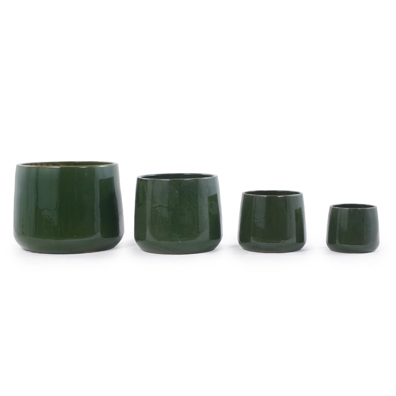 Handmade Solid Glazed Ceramic Planter Set of 4, 14/11/9/7 Inch Diameter, Deep Green, for Succulents and Cacti, Outdoor Garden & Indoor Stairs Use, Breathable Clay with Drainage Holes