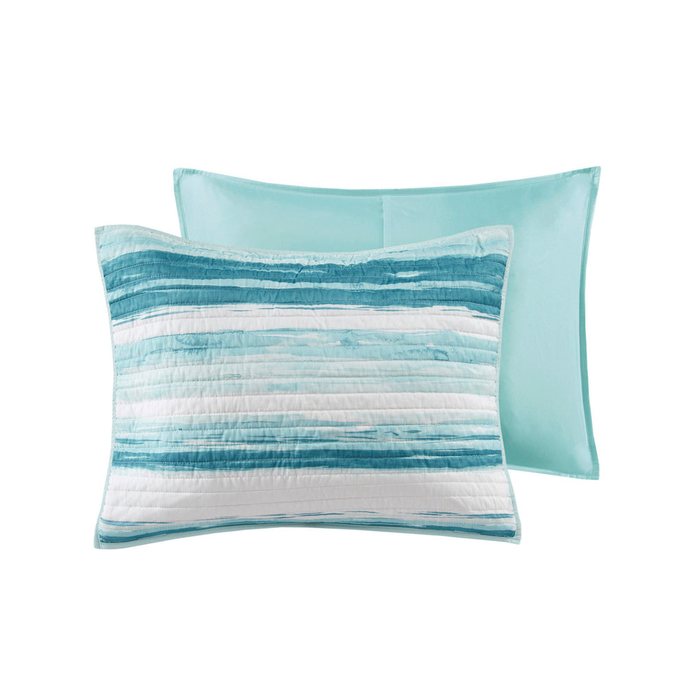 6 Piece Printed Quilt Set with Throw Pillows Aqua Full/Queen Media 11