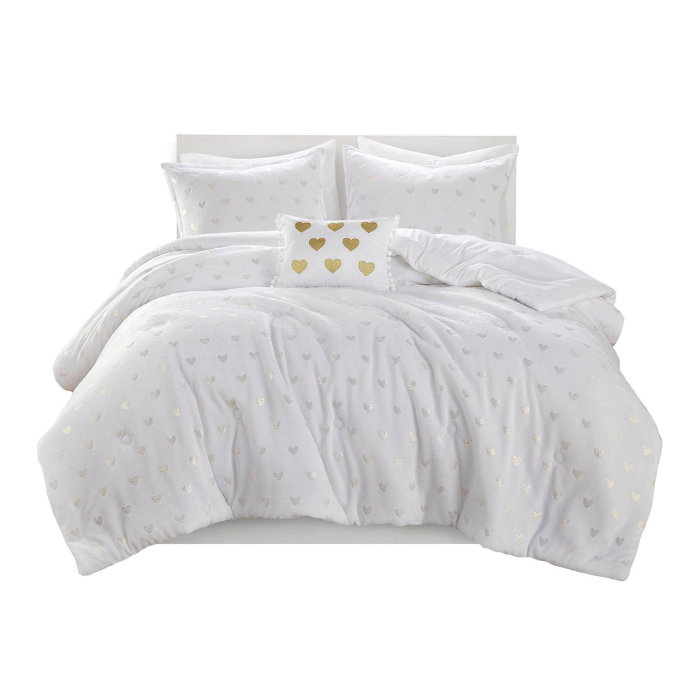 4 PCS Full/Queen Metallic Printed Plush Comforter Set with Throw Pillow White/Gold Media 5