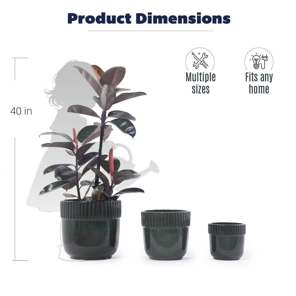 Handmade Ceramic Planter Set of 3, 15/12/9 Inch Diameter, Dark Green Vertical Ribbed Pattern, for Succulents Indoor/Outdoor Use on Windowsill & Bookshelf, Breathable Clay Media 6