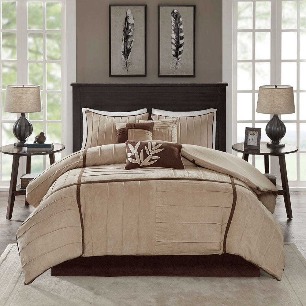 7 Piece Faux Suede Comforter Set Beige King Media 2