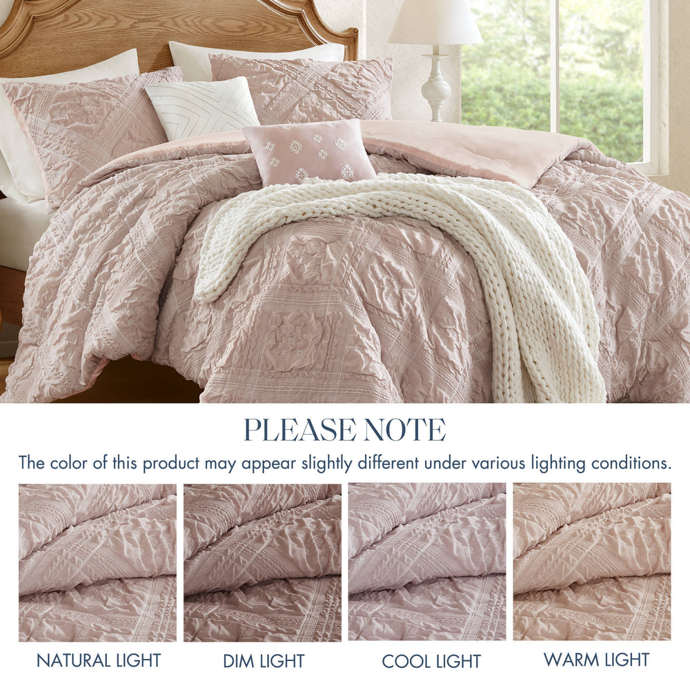 5-Piece King 5 Piece Sculpted jacquard comforter set,Pink Media 4