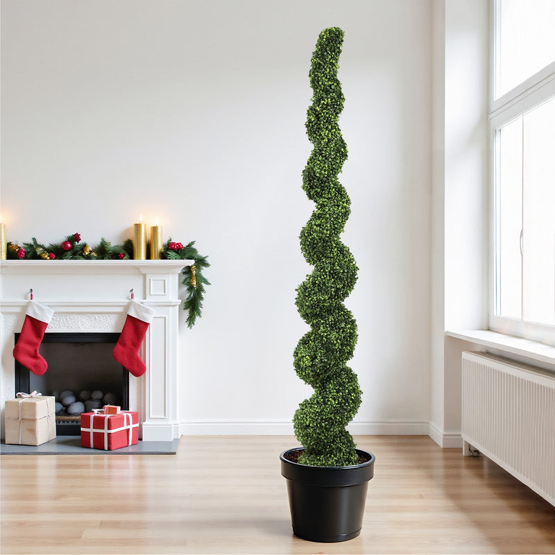 7FT Spiral Topiary Trees Artificial Outdoor Faux Boxwood Plants Large Twisted Green Potted Trees with Light Green Leaves for Garden Front Porch Patio Planter Decoration, 1pc/set
