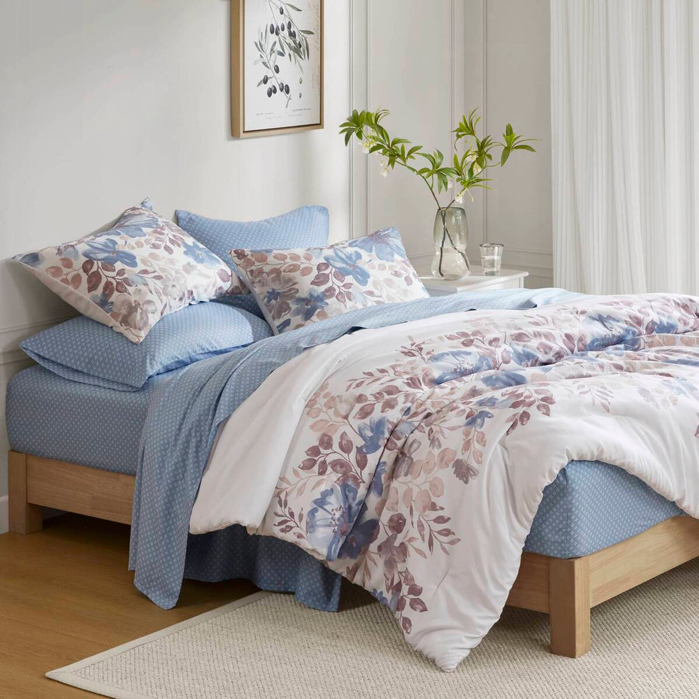 Floral Comforter Set with Bed Sheets Blue Queen Media 2