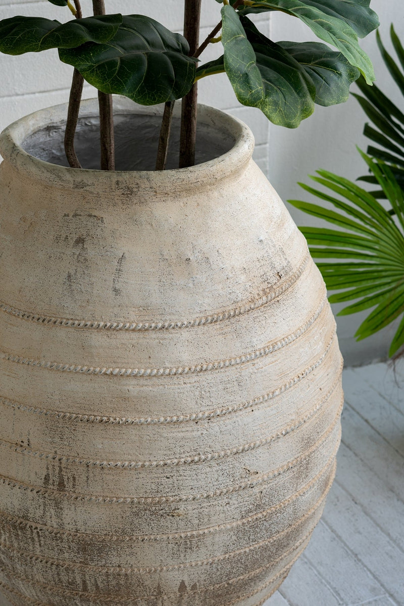 22.4x22.4x30.5' Large Magnesium Flower Pot with Weathered White Finish and Ridged Texture