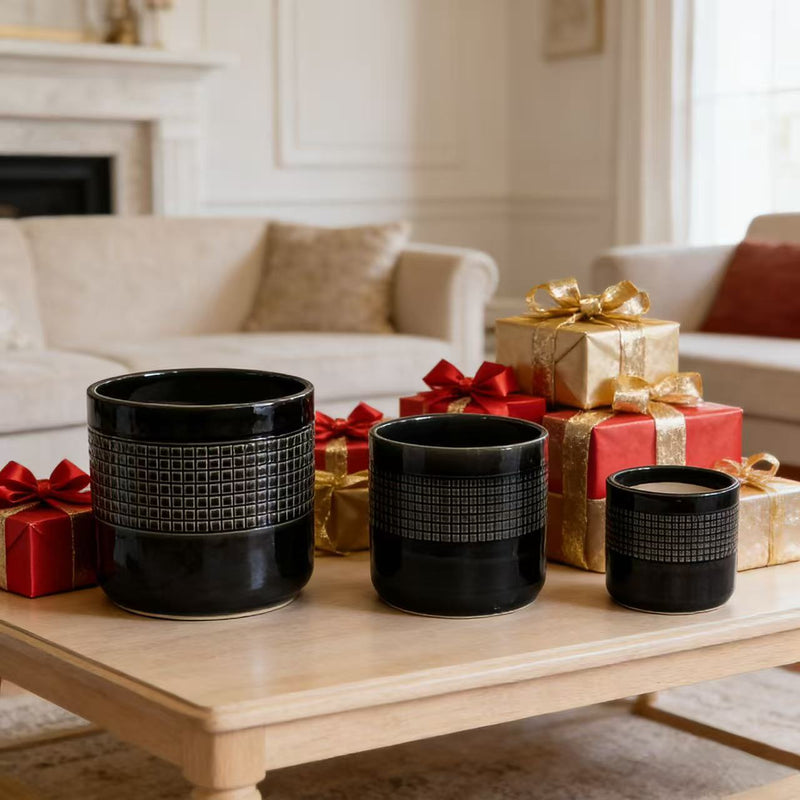 Handmade Black Glazed Ceramic Planter Set of 3, 9' 7' 6' Diameter, Grid Pattern, for Succulents & Cacti Indoor/Outdoor Shelf & Table Use, Porous Clay with Drainage Holes