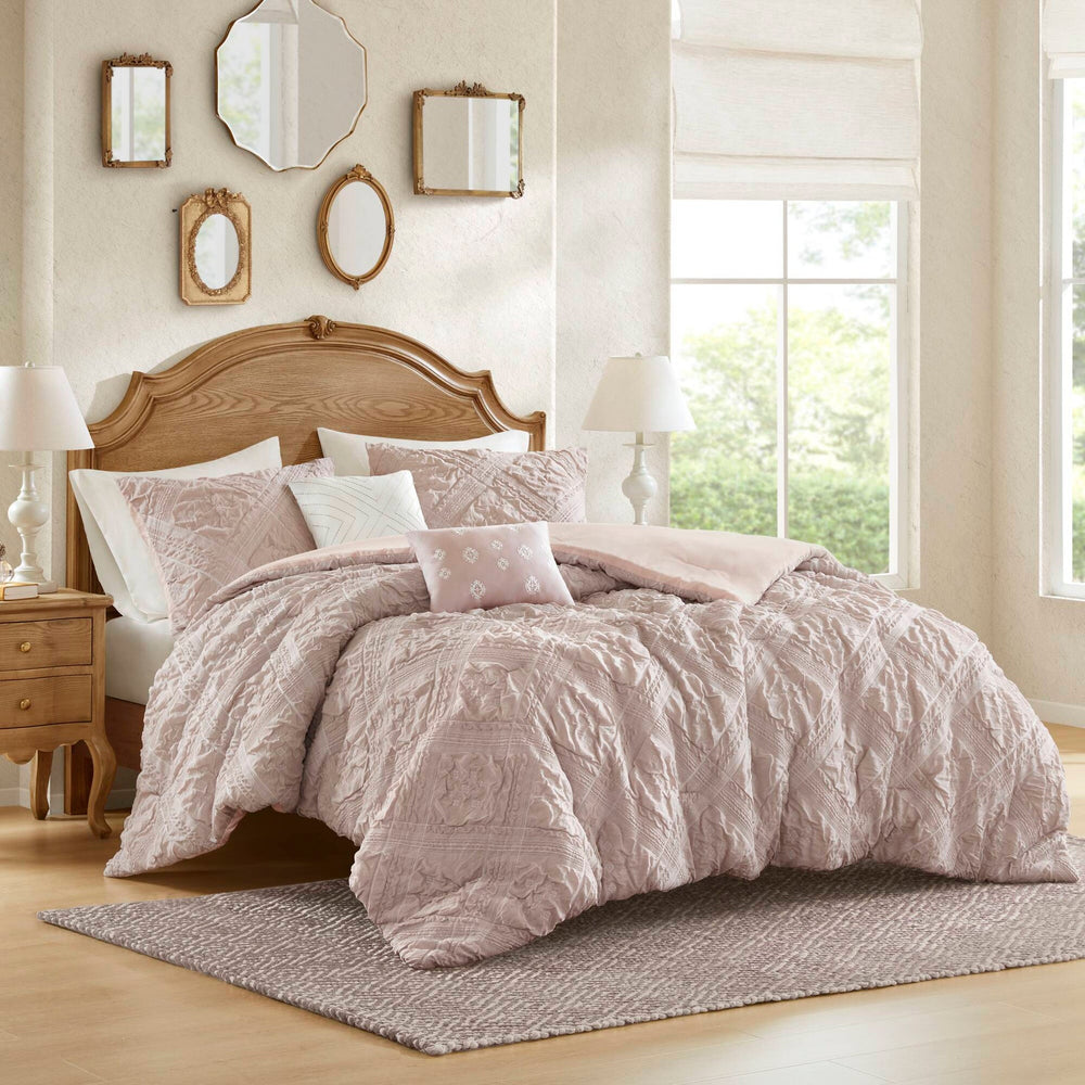 5-Piece King 5 Piece Sculpted jacquard comforter set,Pink Media 1