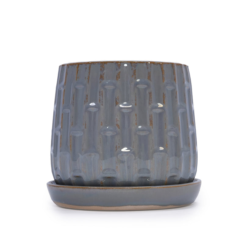 Handmade Gray Glazed Ceramic Planter Set of 2, 6' & 8' Diameter, Vertical Ribbed Pattern, for Succulents & Herbs Indoor/Outdoor Shelf & Table Use, Breathable Clay with Saucers