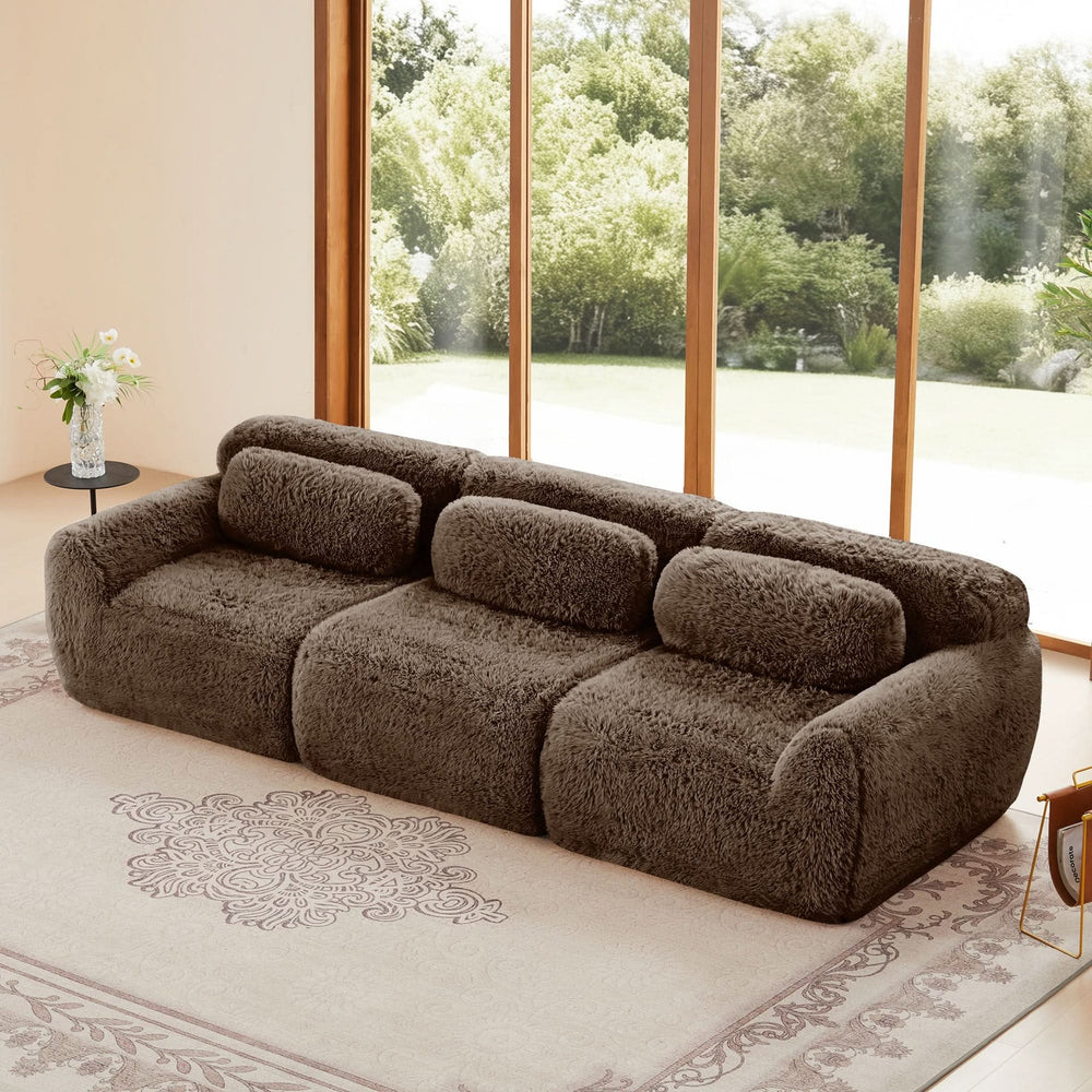 Plush Fabric Sectional Sofa Chocolate Modular With Ottoman & Pillows Media 1
